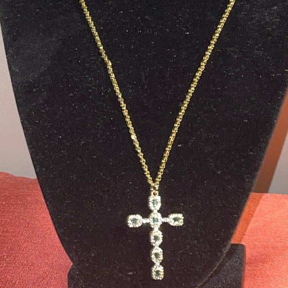 FASHION JEWELRY CRYSTAL SANDY CROSS NECKLACE STAINLESS STEEL GOLD COLOR  16” - Picture 5 of 6
